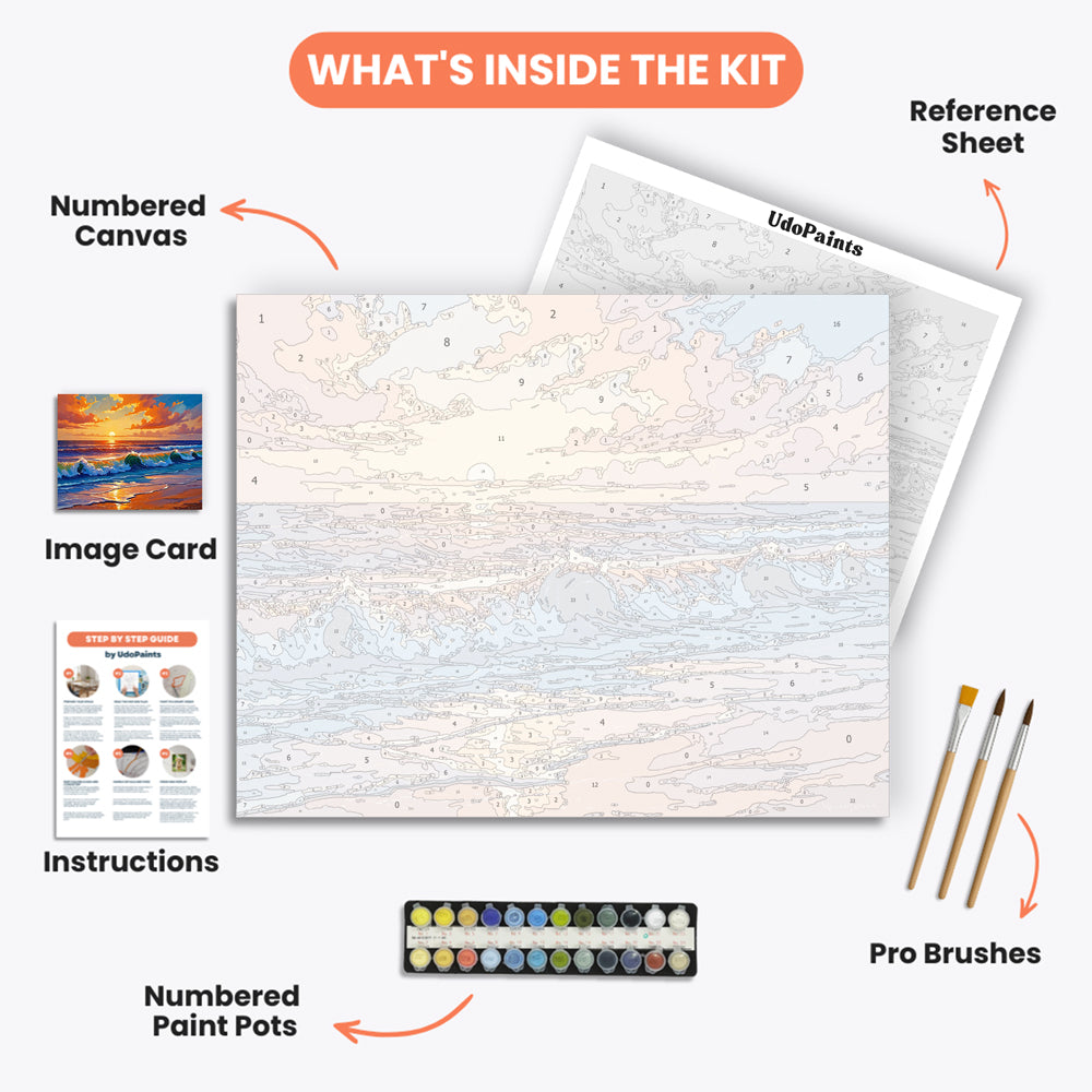 Sunset Waves Paint by Numbers Kit – includes numbered canvas, paint pots, brushes, and instructions