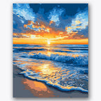 Paint by numbers design of seascape, sunset, Vibrant sunset colors, Crashing ocean waves