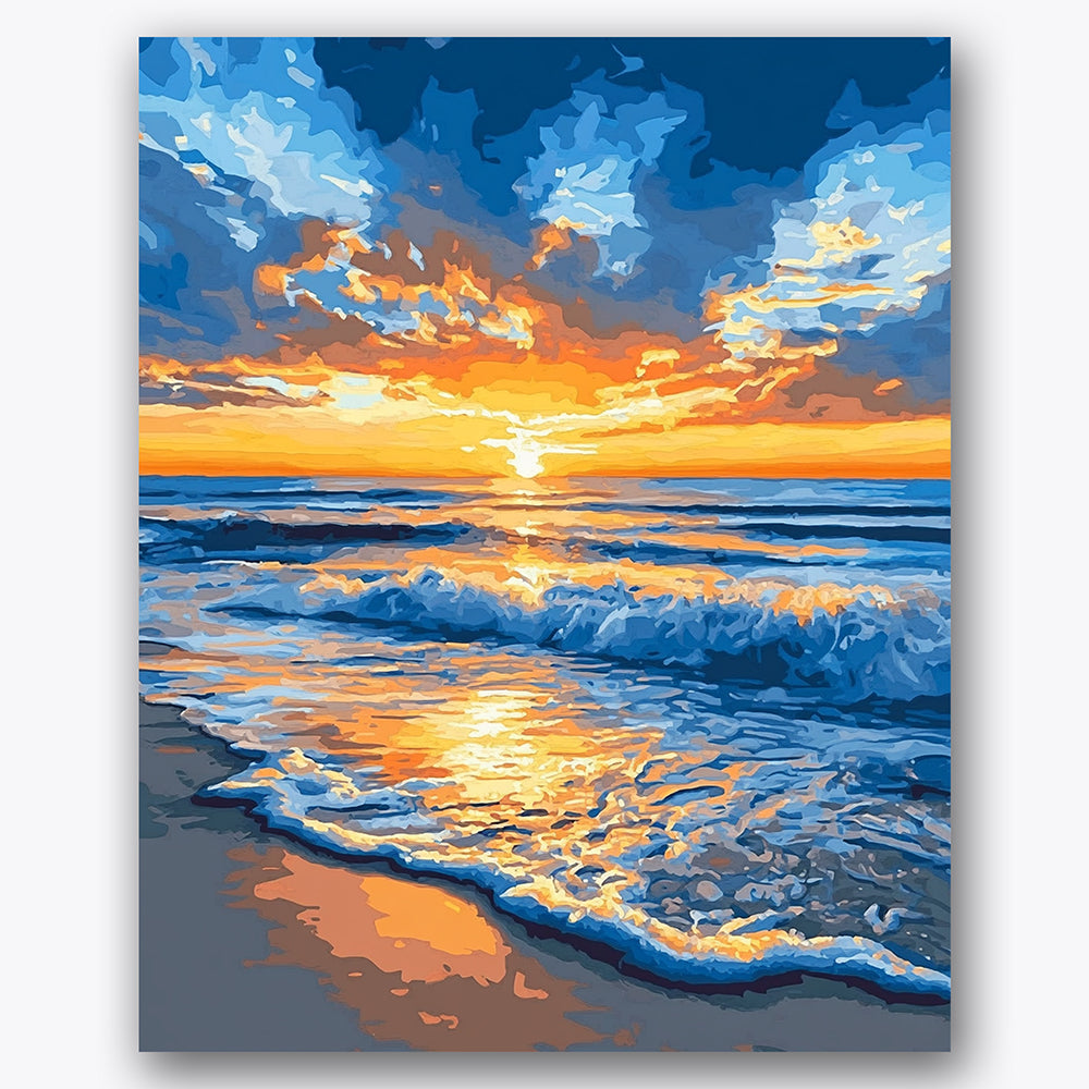 Paint by numbers design of seascape, sunset, Vibrant sunset colors, Crashing ocean waves