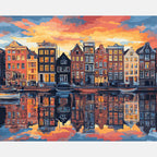 Sunset in Amsterdam Paint by Numbers Kit design preview showing the full artwork layout before painting