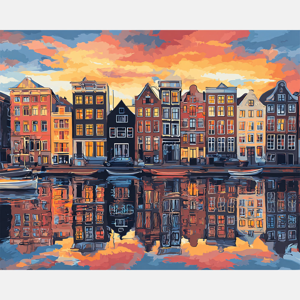 Sunset in Amsterdam Paint by Numbers Kit design preview showing the full artwork layout before painting