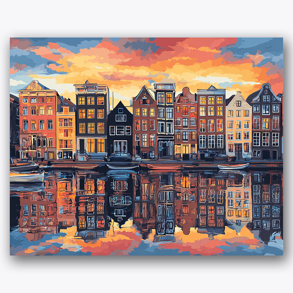Paint by numbers design of canal houses, sunset reflection, vivid orange sunset, narrow tall buildings