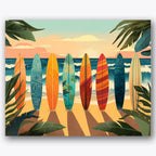 Paint by numbers design of surfboards, tropical plants, seven colorful surfboards, tropical plant shadows