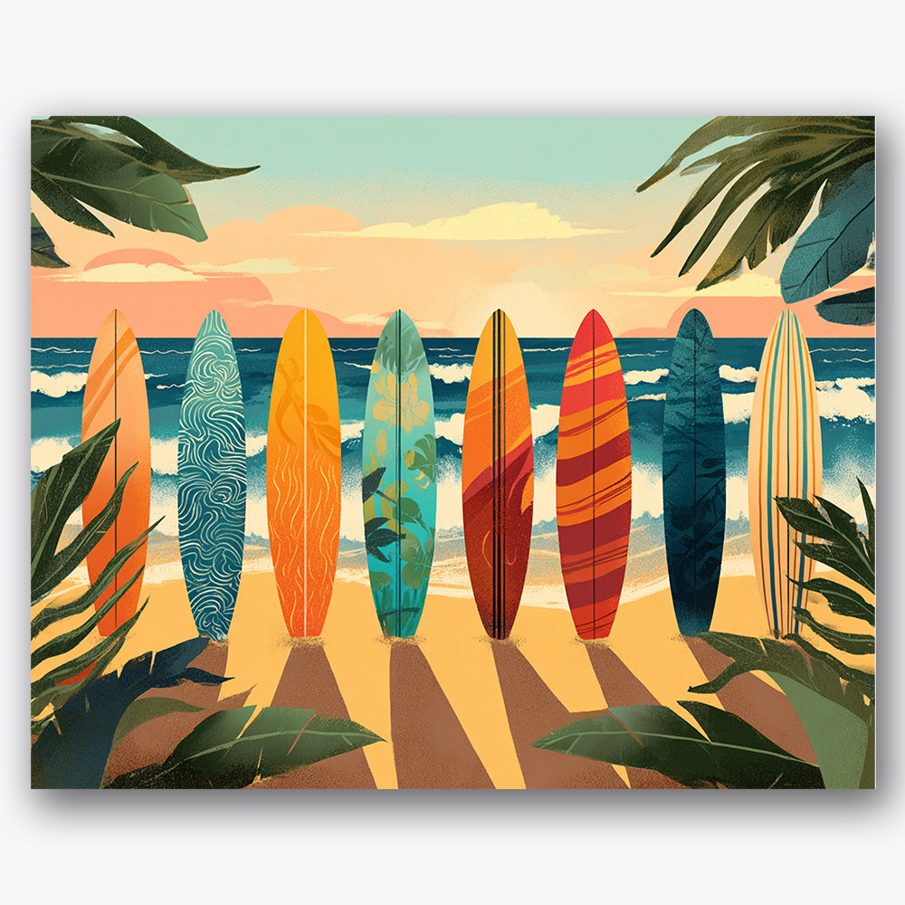 Paint by numbers design of surfboards, tropical plants, seven colorful surfboards, tropical plant shadows