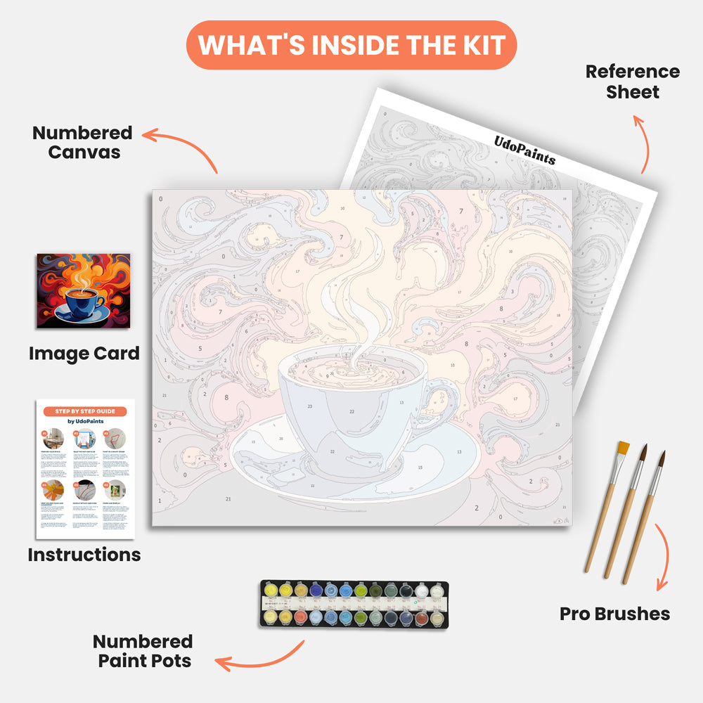 Swirling Coffee Paint by Numbers Kit – includes numbered canvas, paint pots, brushes, and instructions
