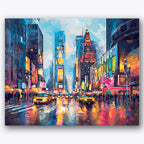Paint by numbers design of city street, yellow taxis, neon signs, yellow taxis