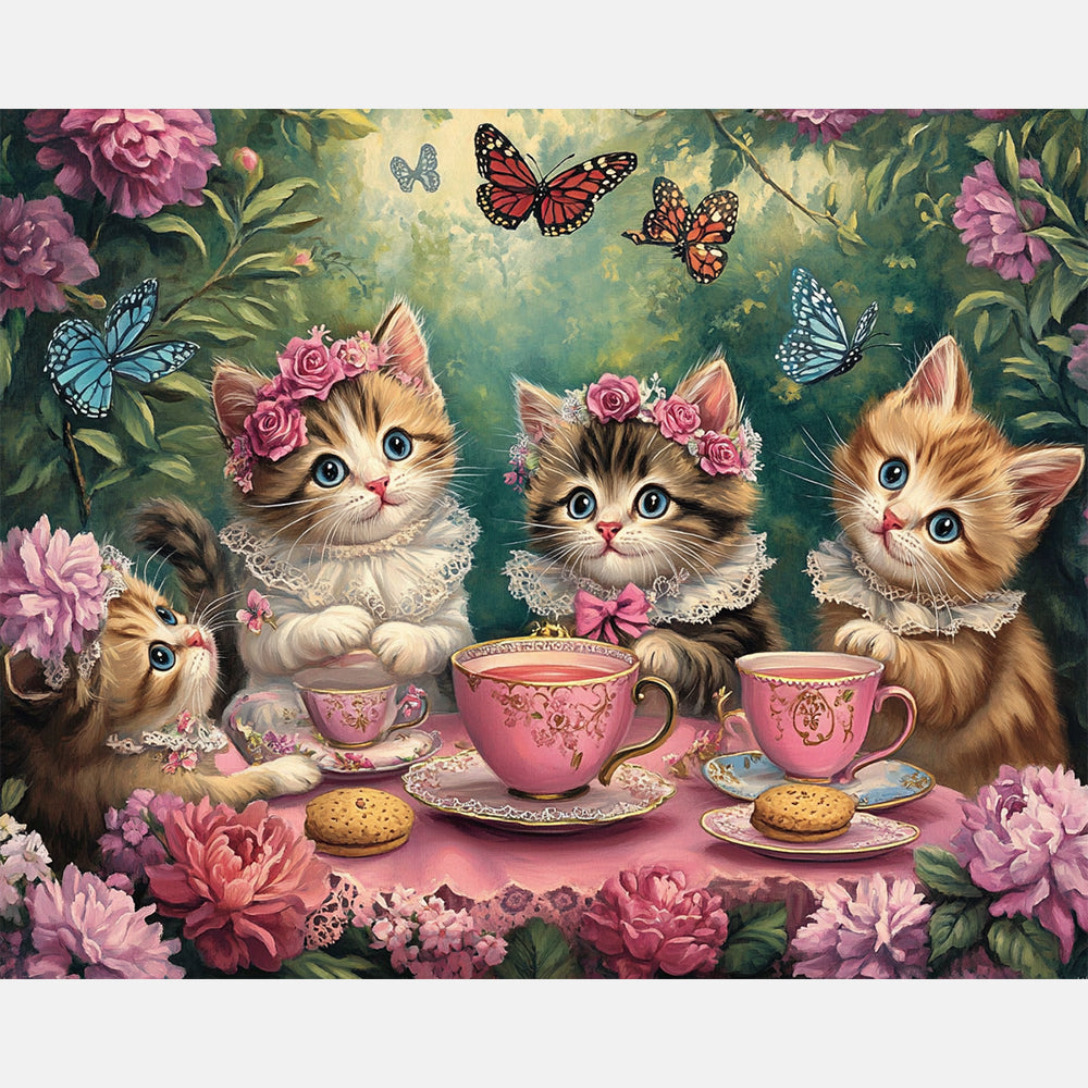 Tea With Kittens Paint by Numbers Kit design preview showing the full artwork layout before painting
