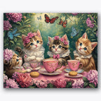 Paint by numbers design of kittens, tea cups, kittens wearing floral crowns, pink tea set
