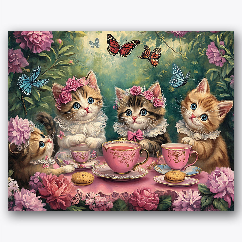 Paint by numbers design of kittens, tea cups, kittens wearing floral crowns, pink tea set