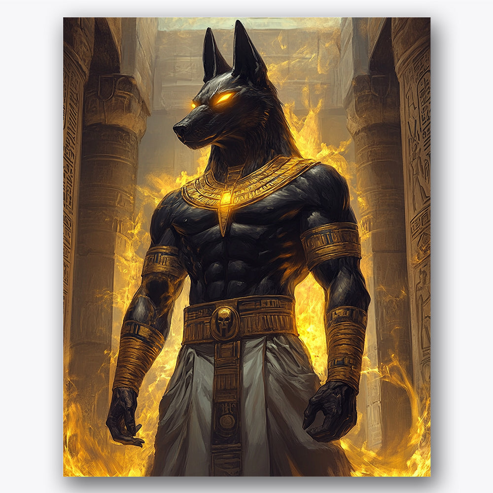 Paint by numbers design of Anubis, temple flames, glowing golden eyes, detailed Egyptian attire