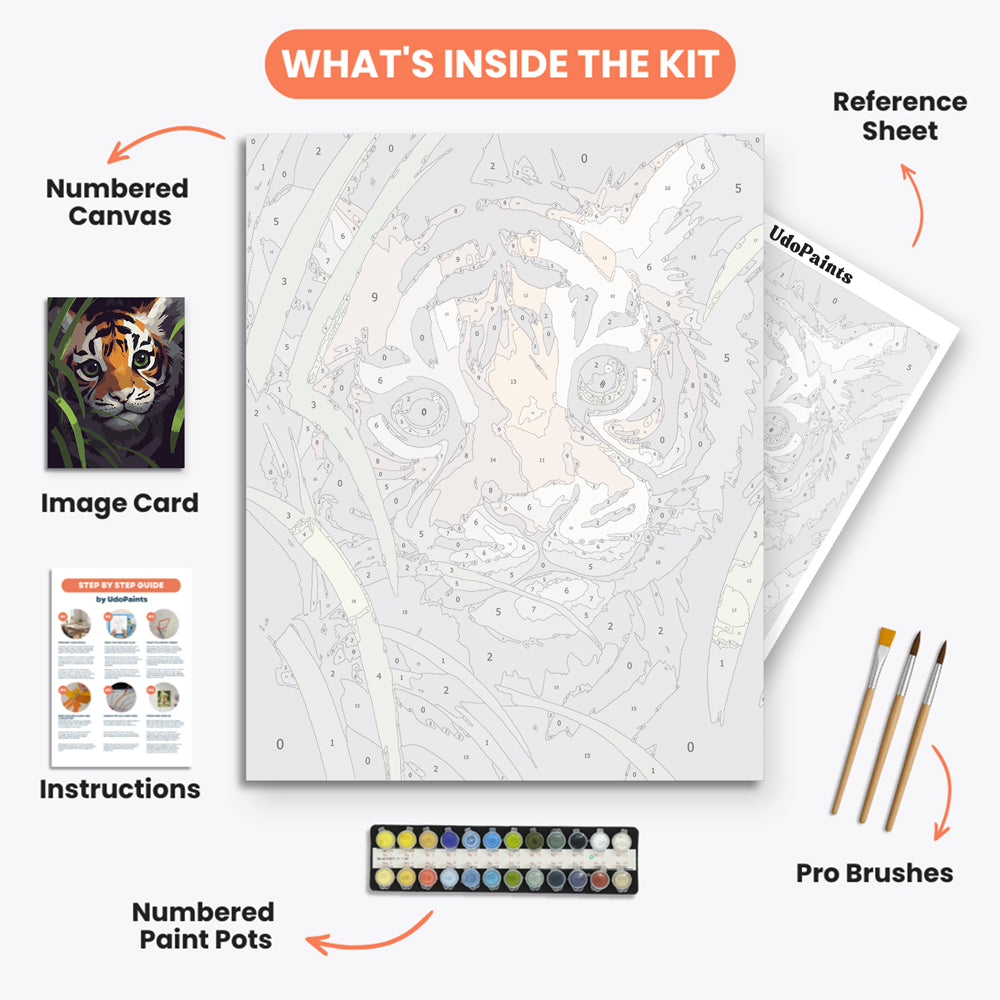 Tiger Cub Portrait Paint by Numbers Kit – includes numbered canvas, paint pots, brushes, and instructions