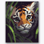 Close-up of a tiger cub partially obscured by green foliage, focusing on its expressive eyes and vivid fur. Tiger