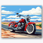 Paint by numbers design of motorcycle, desert road, red motorcycle, wide desert road