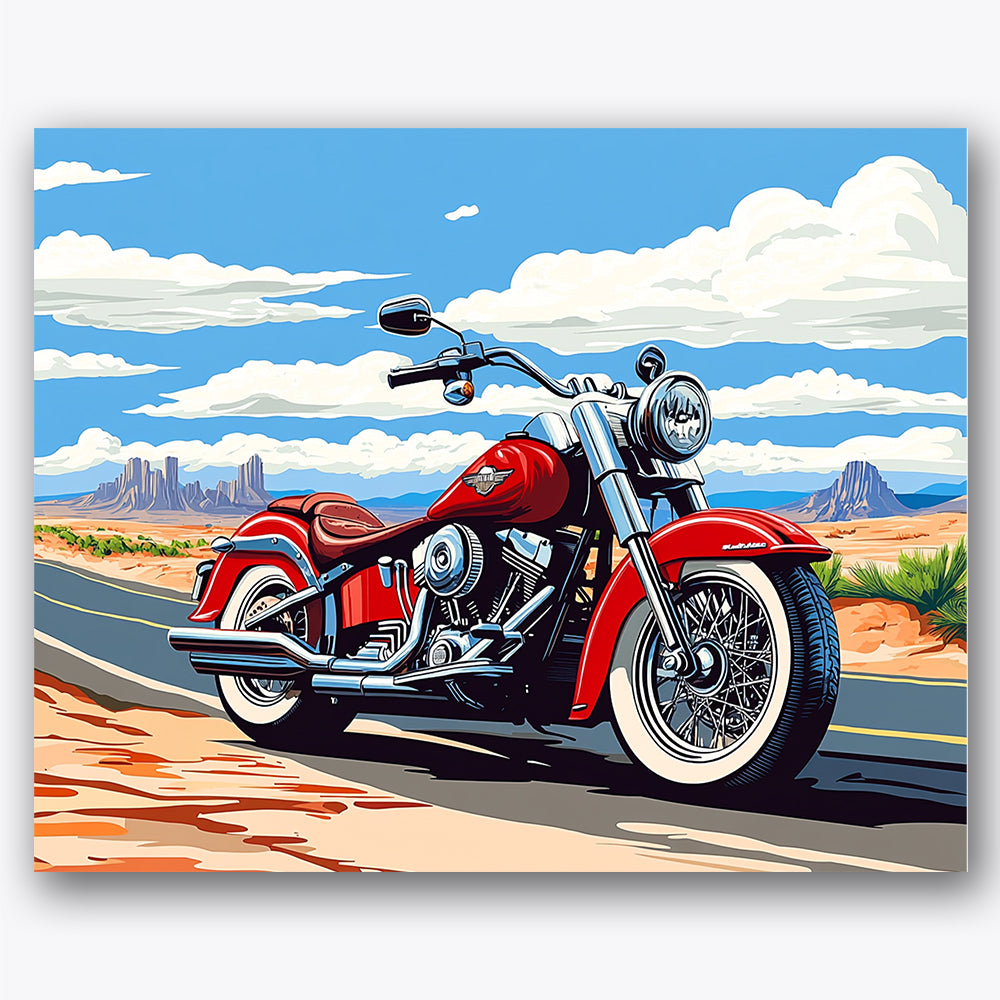 Paint by numbers design of motorcycle, desert road, red motorcycle, wide desert road