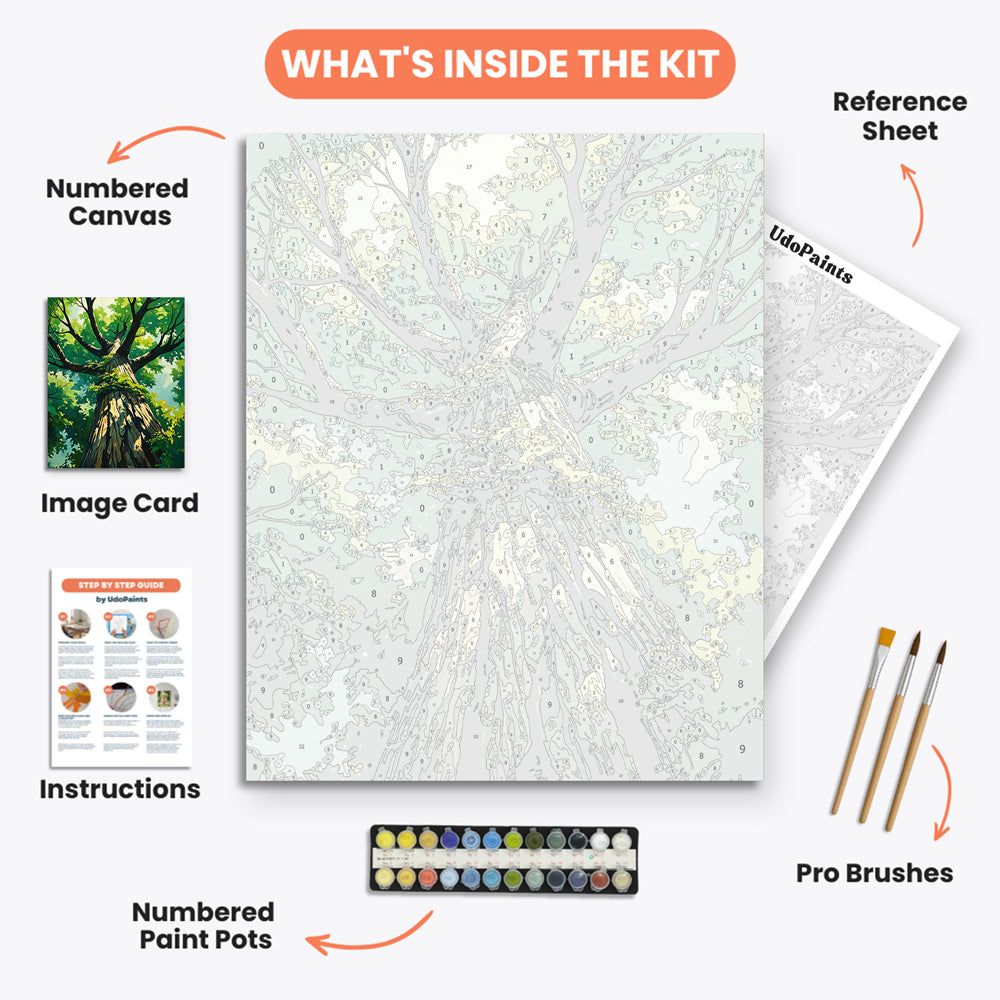 Towering Tree Paint by Numbers Kit – includes numbered canvas, paint pots, brushes, and instructions