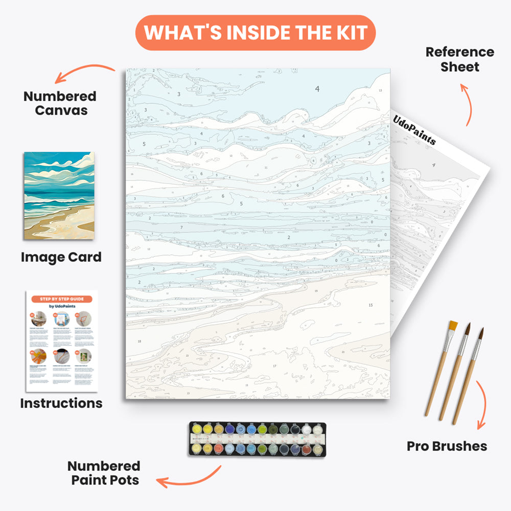 Tranquil Coastline Paint by Numbers Kit – includes numbered canvas, paint pots, brushes, and instructions