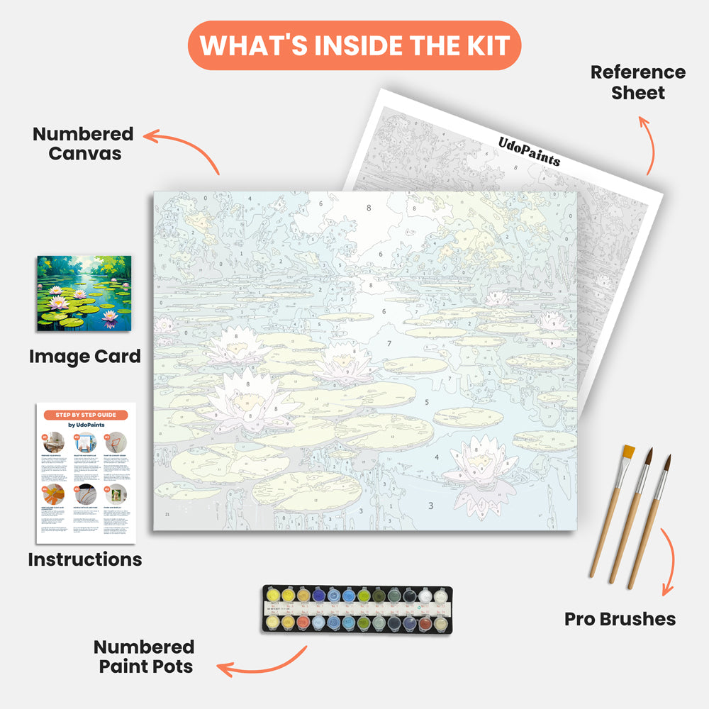Tranquil Lilies Paint by Numbers Kit – includes numbered canvas, paint pots, brushes, and instructions