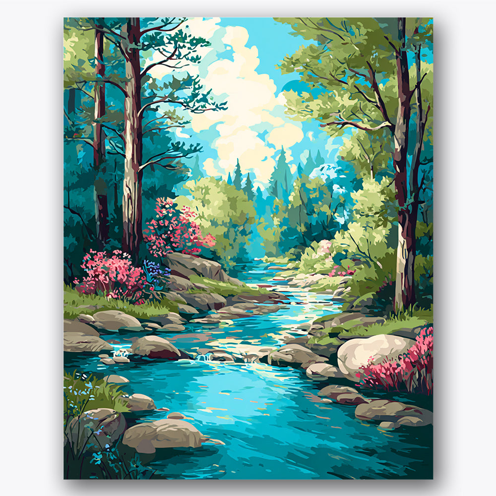Paint by numbers design of stream, trees, flowing stream, tall trees