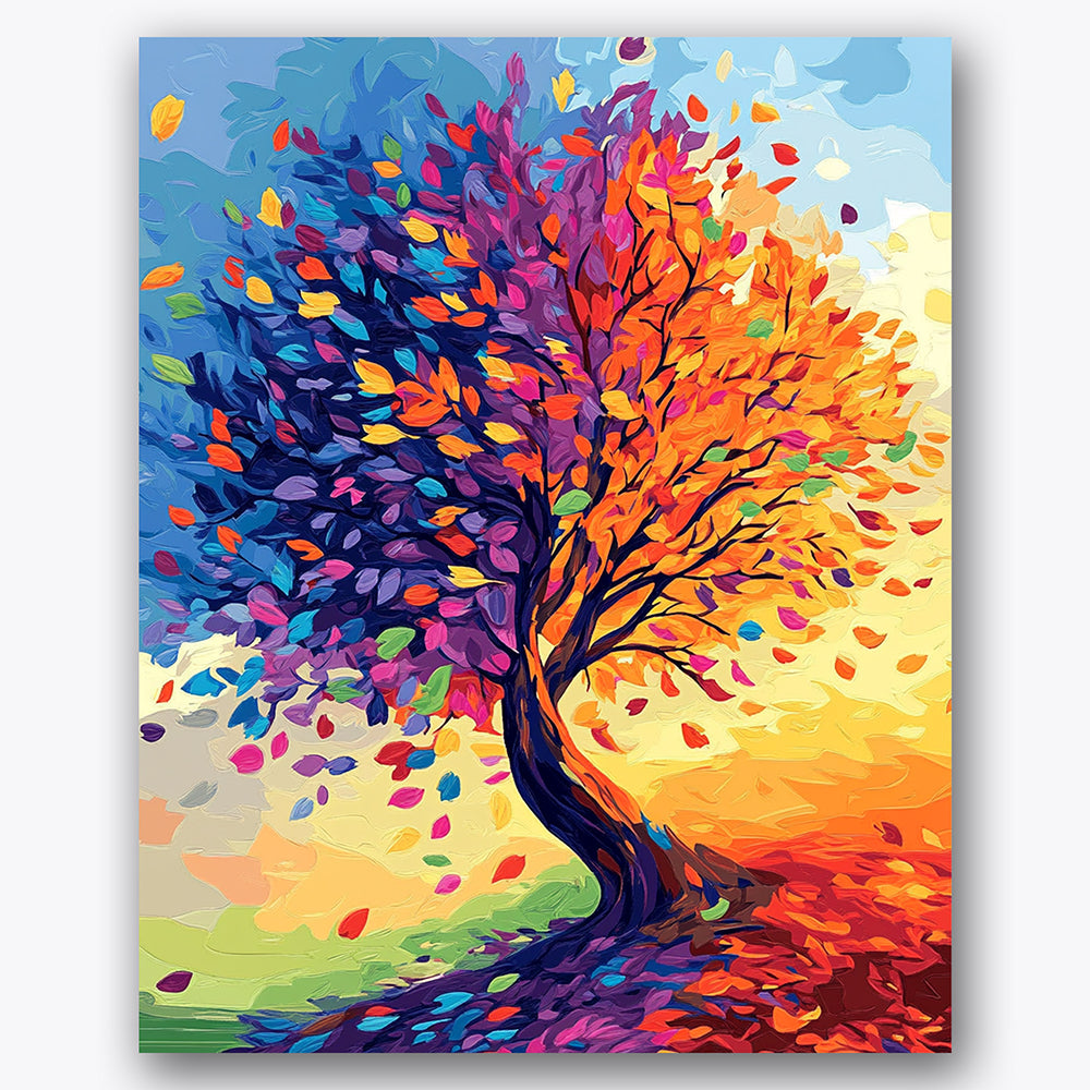 Paint by numbers design of tree, colorful leaves, swirling colorful leaves, vibrant autumn palette