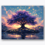 Paint by numbers design of purple tree, small island, glowing purple foliage, reflective water surface