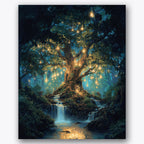 Paint by numbers design of tree, waterfalls, glowing hanging lights, cascading waterfalls