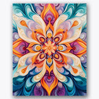 Paint by numbers design of mandala blossom, swirling colors, vibrant color palette, intricate petal design