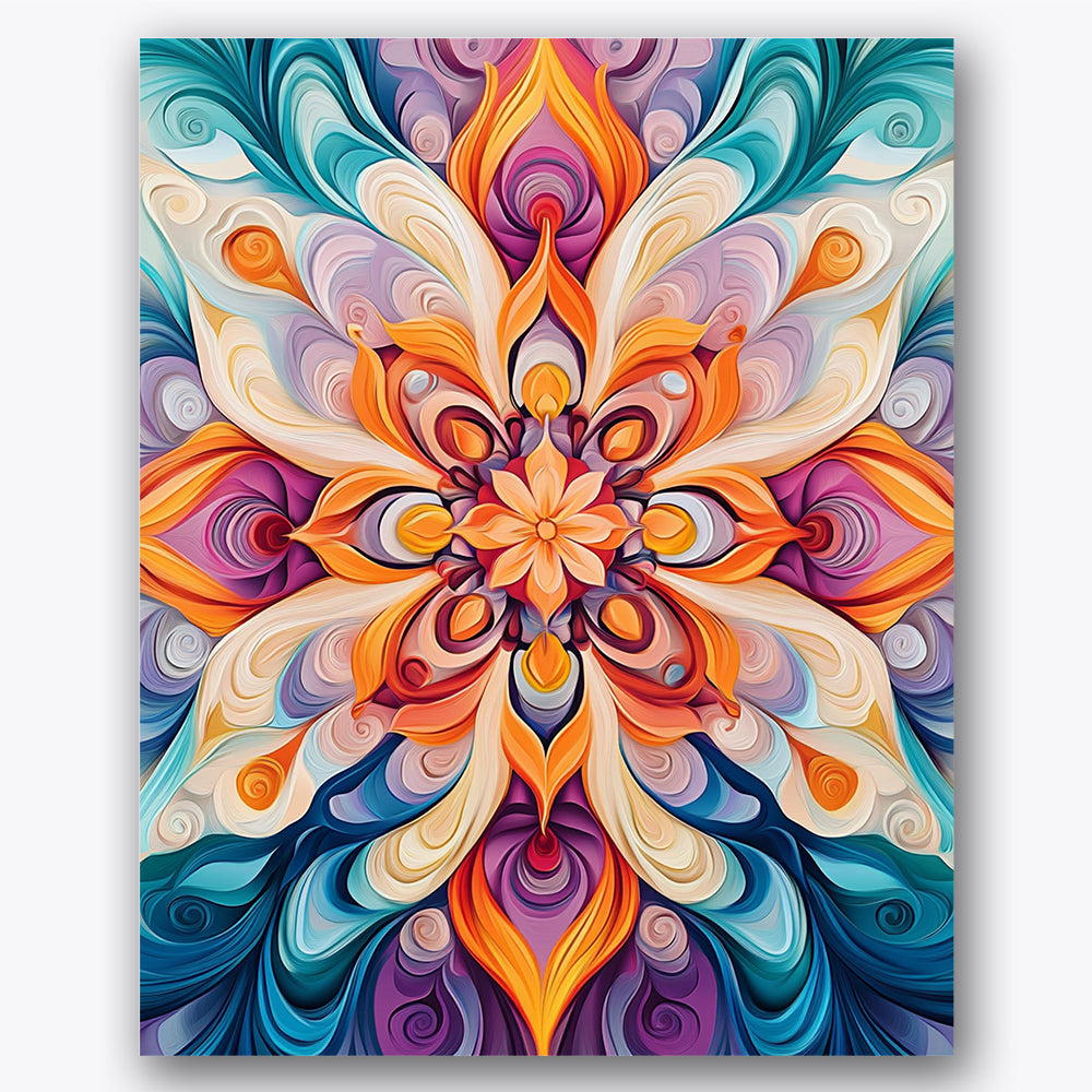 Paint by numbers design of mandala blossom, swirling colors, vibrant color palette, intricate petal design