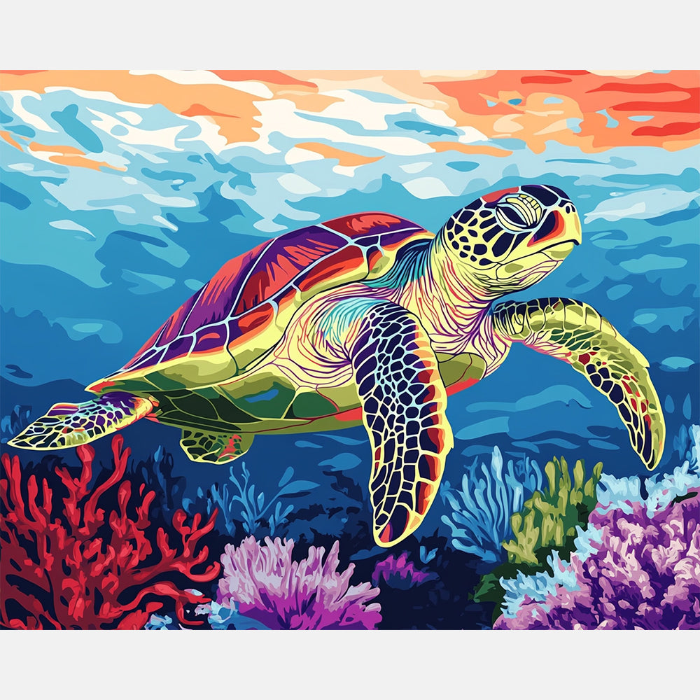 Turtle Among Reefs Paint by Numbers Kit design preview showing the full artwork layout before painting