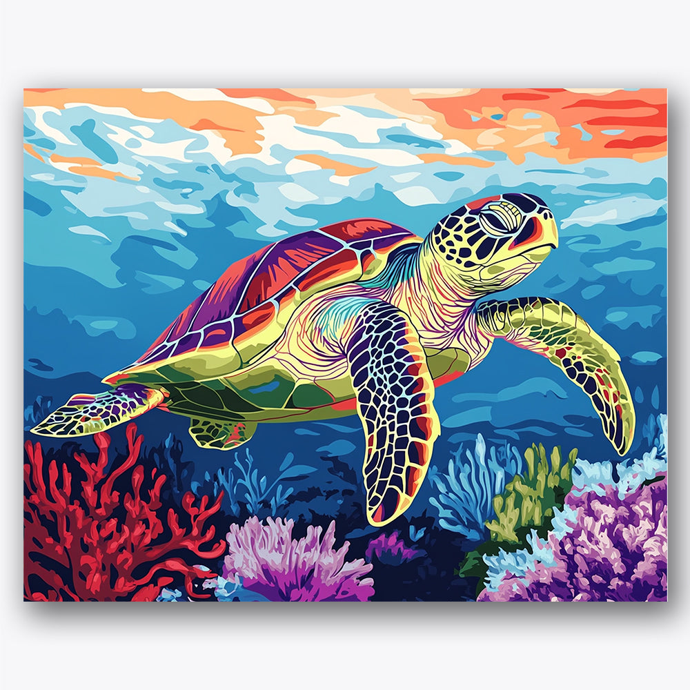 Paint by numbers design of sea turtle, coral reefs, colorful turtle shell, vibrant coral reefs