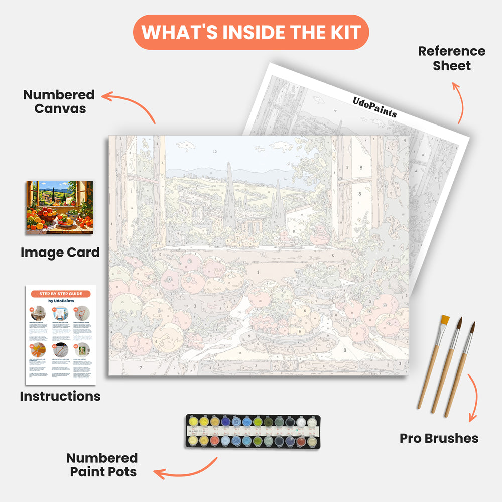 Tuscan Kitchen View Paint by Numbers Kit – includes numbered canvas, paint pots, brushes, and instructions