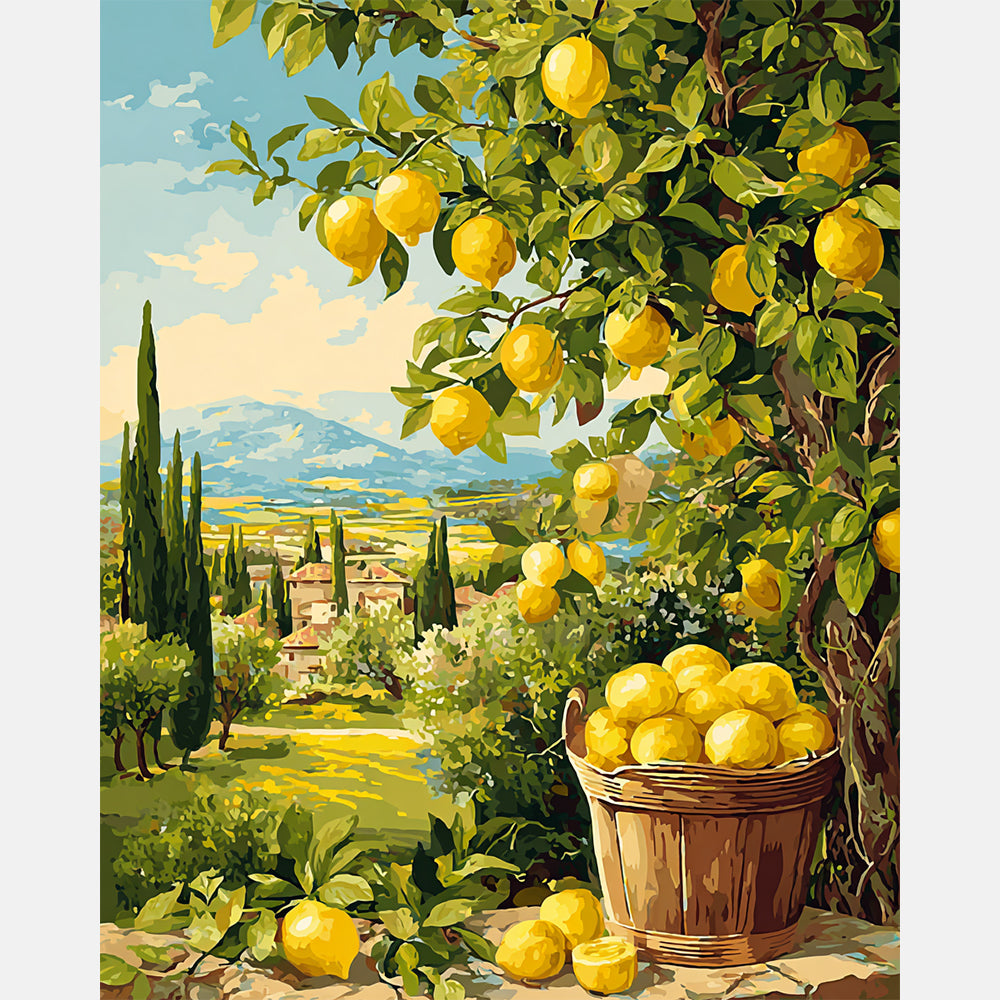 Tuscan Lemon Landscape Paint by Numbers Kit design preview showing the full artwork layout before painting