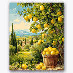 Paint by numbers design of lemon tree, Tuscan landscape, lemon-laden branches, rolling hills