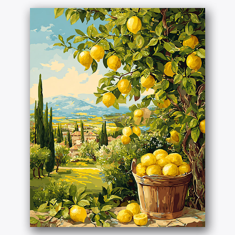 Paint by numbers design of lemon tree, Tuscan landscape, lemon-laden branches, rolling hills