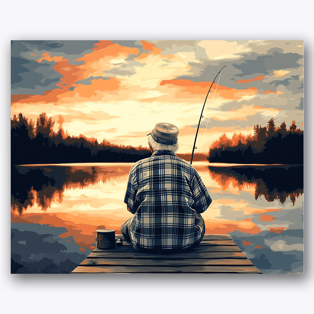Paint by numbers design of fisherman, fishing rod, plaid shirt pattern, sunset sky reflection