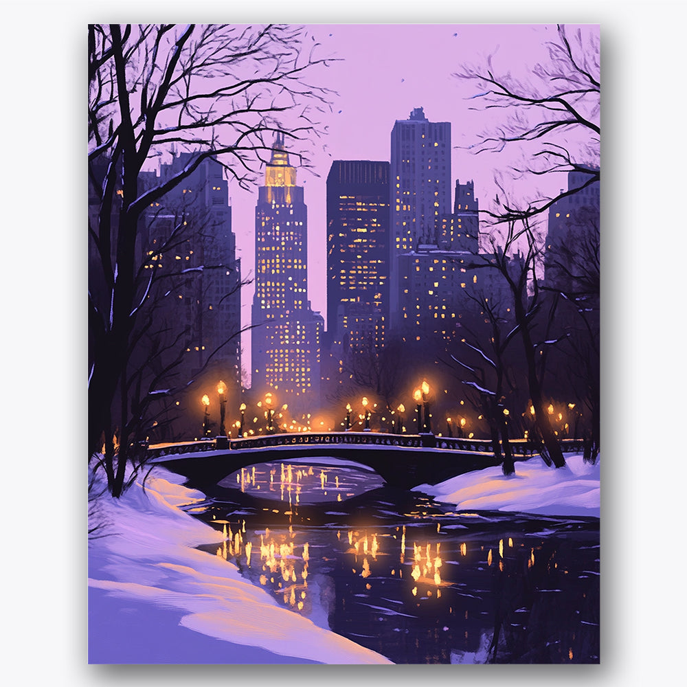 Paint by numbers design of cityscape, bridge, snow-covered bridge, glowing streetlights