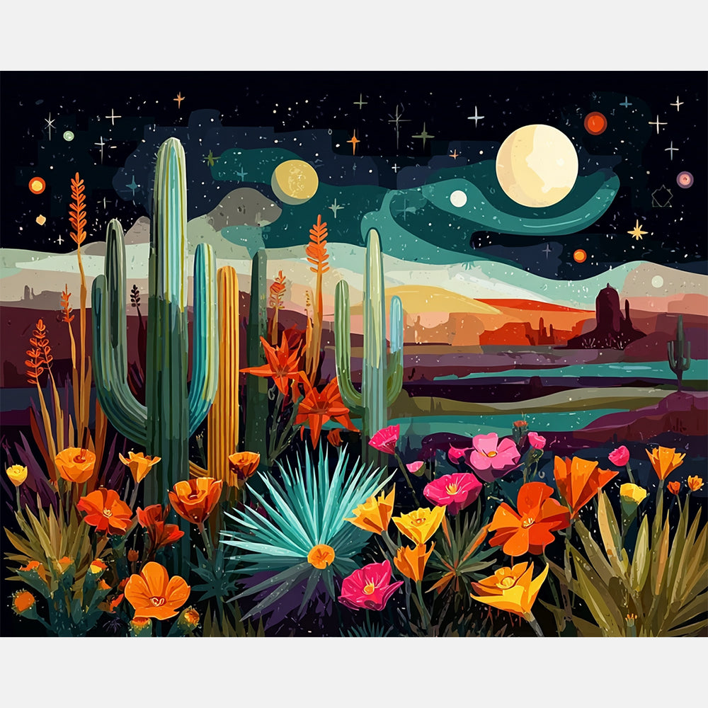 Twilight Cacti Paint by Numbers Kit design preview showing the full artwork layout before painting
