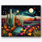 Paint by numbers design of cacti, wildflowers, towering cacti, vivid orange flowers