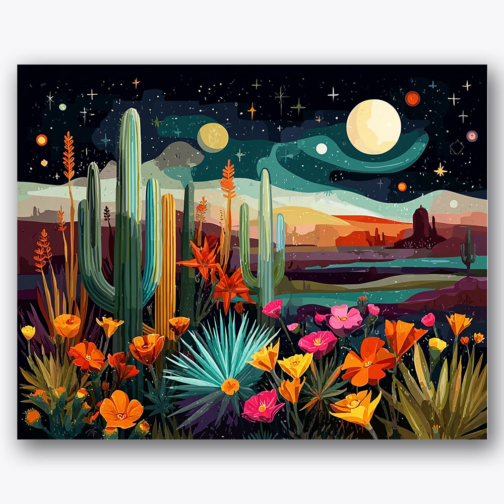 Paint by numbers design of cacti, wildflowers, towering cacti, vivid orange flowers