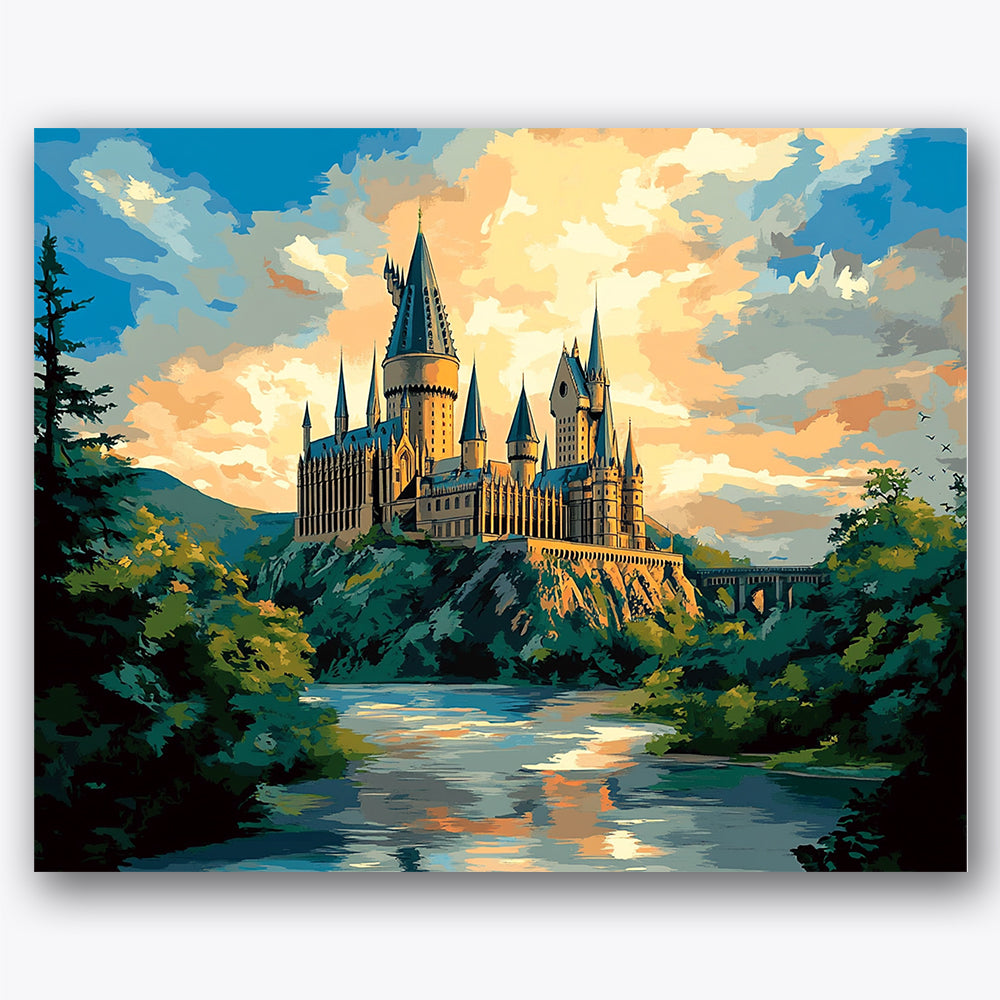 Paint by numbers design of castle, river, tall spires, glowing sky, A majestic castle with tall spires on a cliff by a river