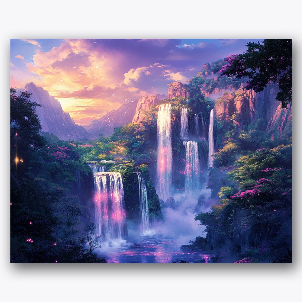 Paint by numbers design of waterfall, sunset sky, pink and purple sky, lush green foliage