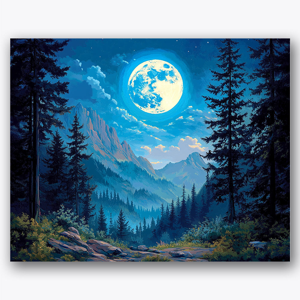 Paint by numbers design of moonlit forest, distant mountains, bright full moon, clear night sky