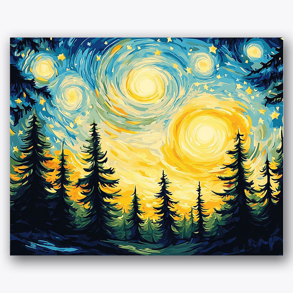 Paint by numbers design of starry sky, pine trees, swirling star patterns, silhouetted pine trees