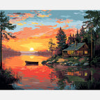 Twilight Lake Cabin Paint by Numbers Kit design preview showing the full artwork layout before painting