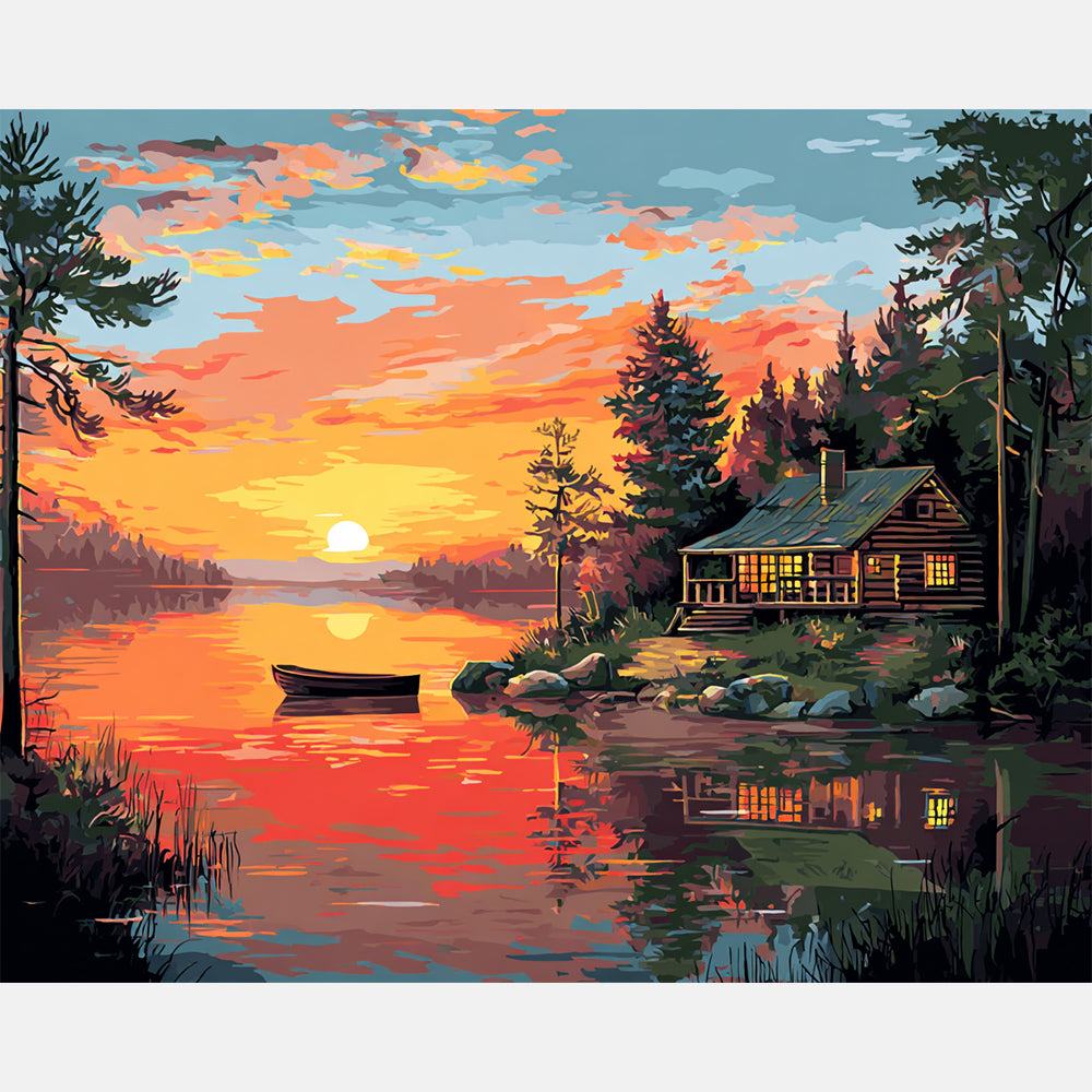 Twilight Lake Cabin Paint by Numbers Kit design preview showing the full artwork layout before painting