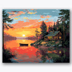 Paint by numbers design of cabin, lake, vibrant sunset sky, reflective water surface