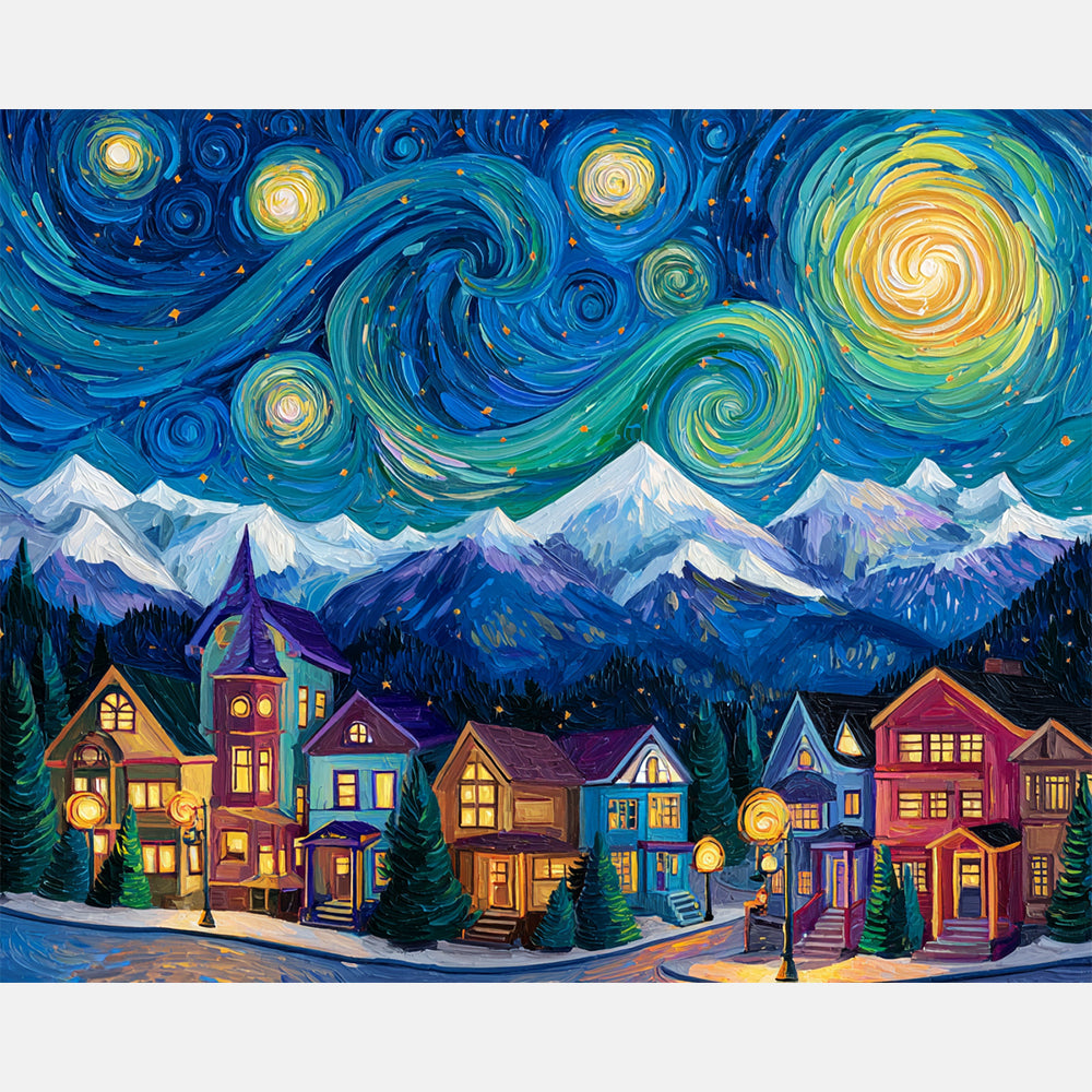 Twilight Mountain Whirl Paint by Numbers Kit design preview showing the full artwork layout before painting