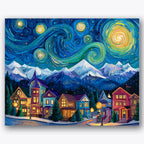 Paint by numbers design of village, mountains, swirling night sky, colorful village houses