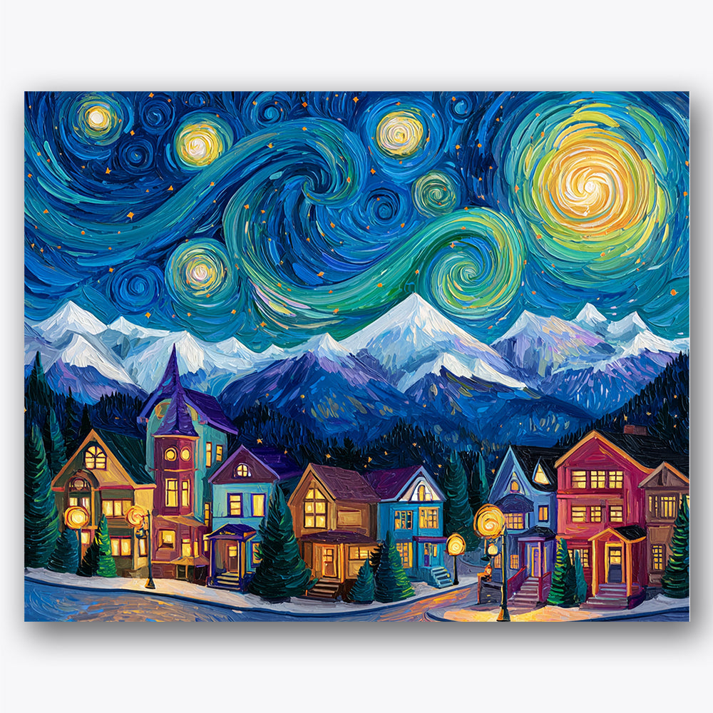Paint by numbers design of village, mountains, swirling night sky, colorful village houses