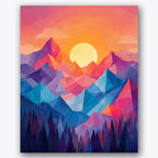 Paint by numbers design of mountains, sunrise, geometric mountain shapes, vibrant sunrise colors
