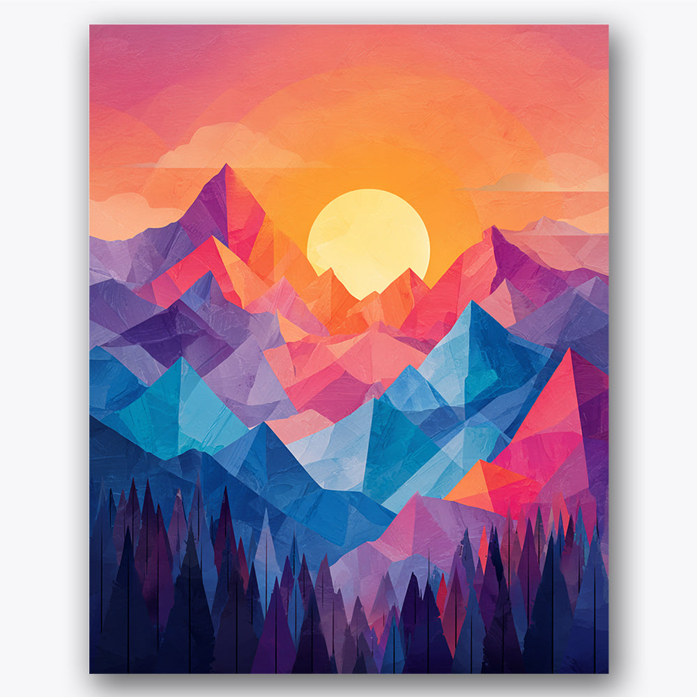 Paint by numbers design of mountains, sunrise, geometric mountain shapes, vibrant sunrise colors